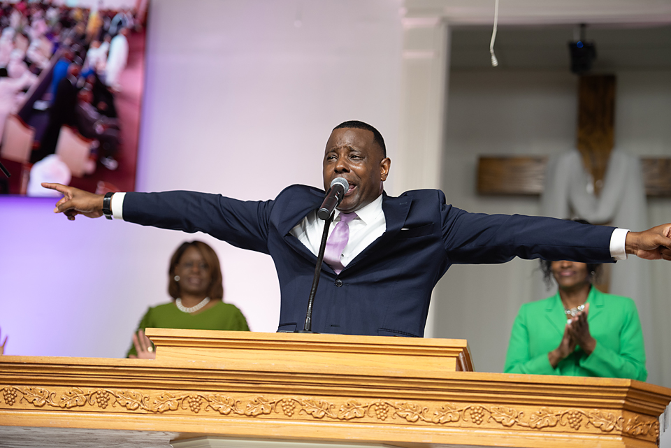 Pastor Terry Brown preaching the gospel on a Sunday morning