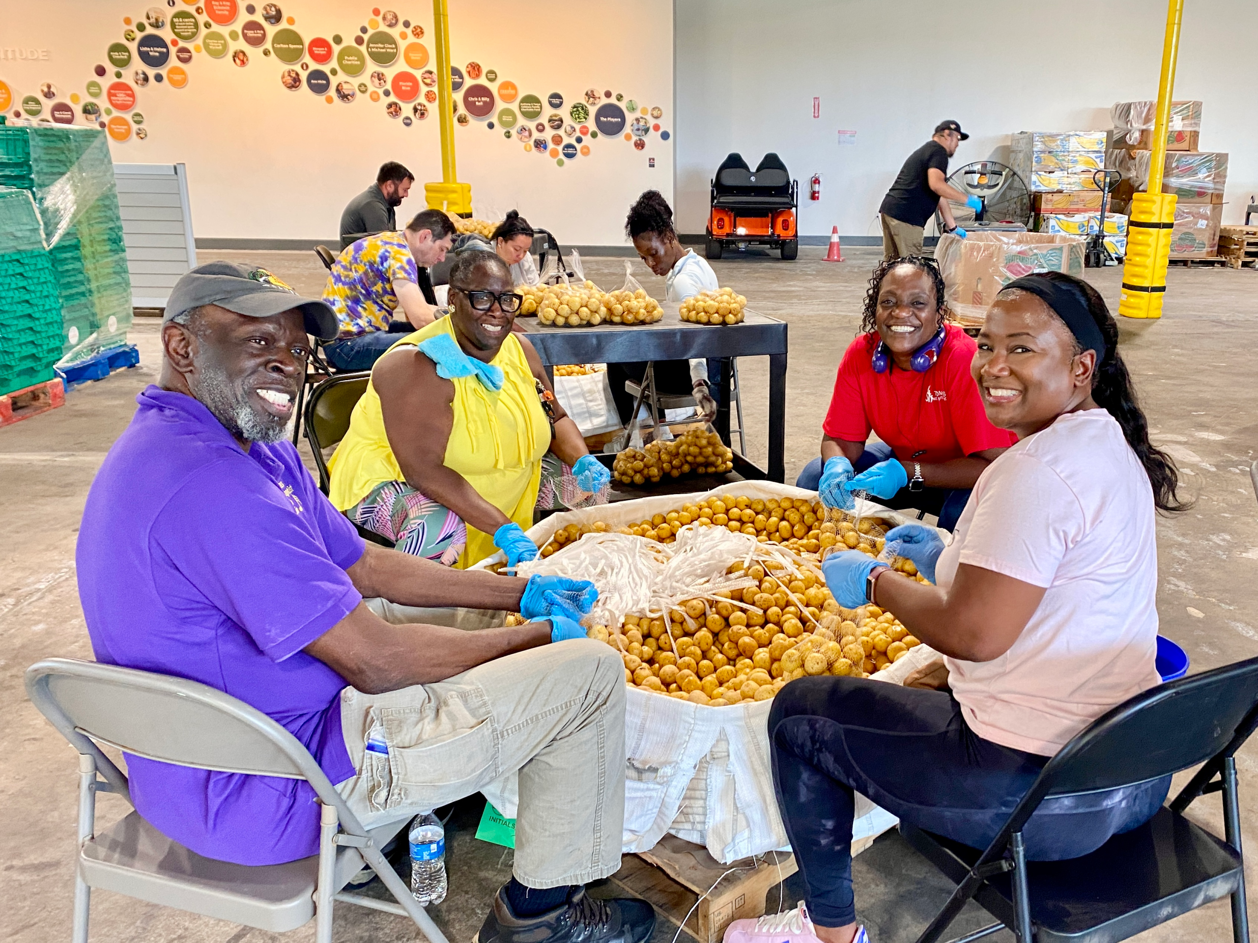 Church members sorting potatoes at a community food event